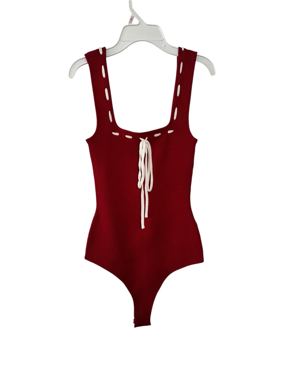 Le Lis Red Ribbed One-Piece Bodysuit with White Drawstring